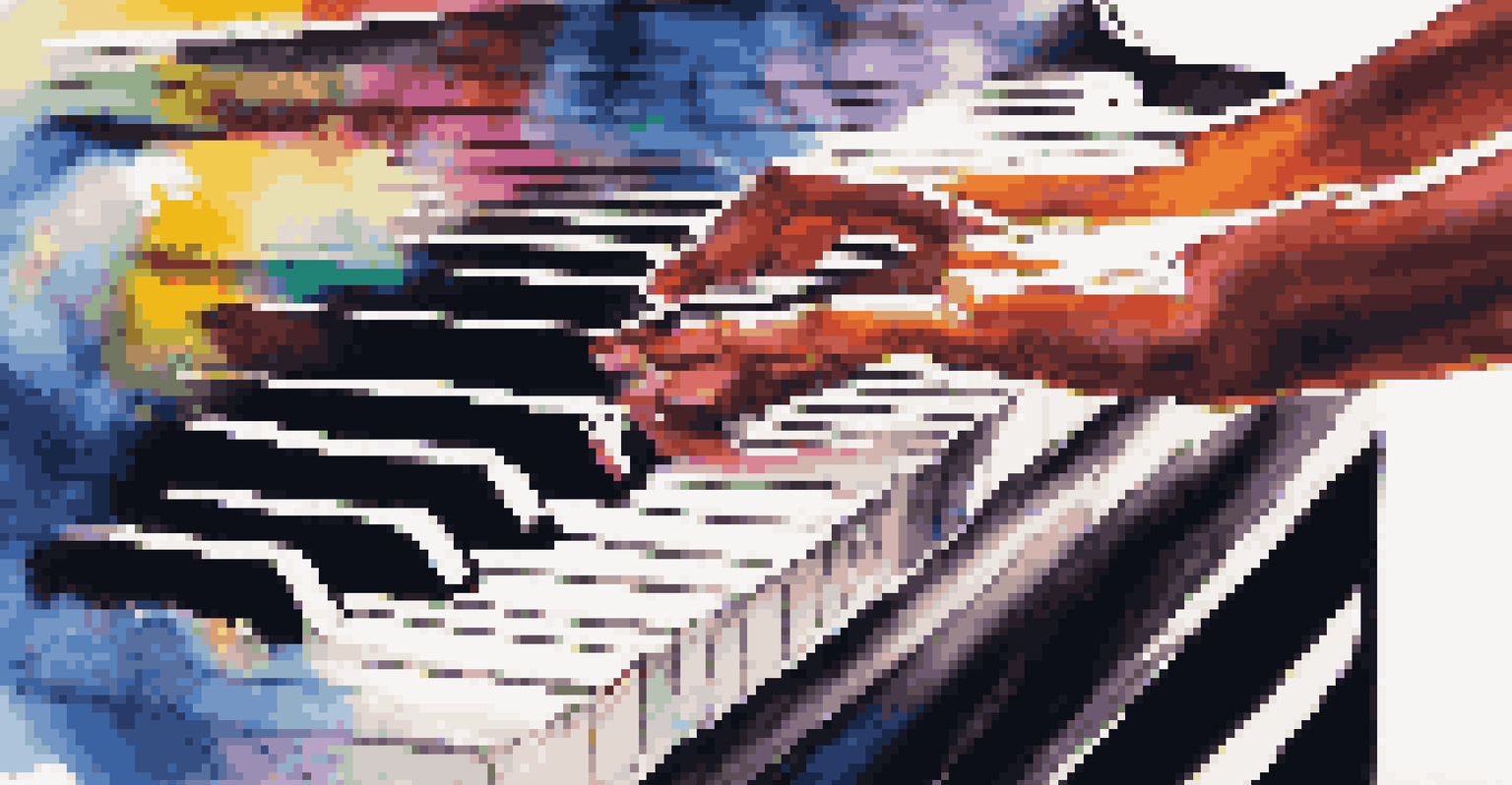 An artist's hands above piano keys with colorful sound waves representing music emotions.