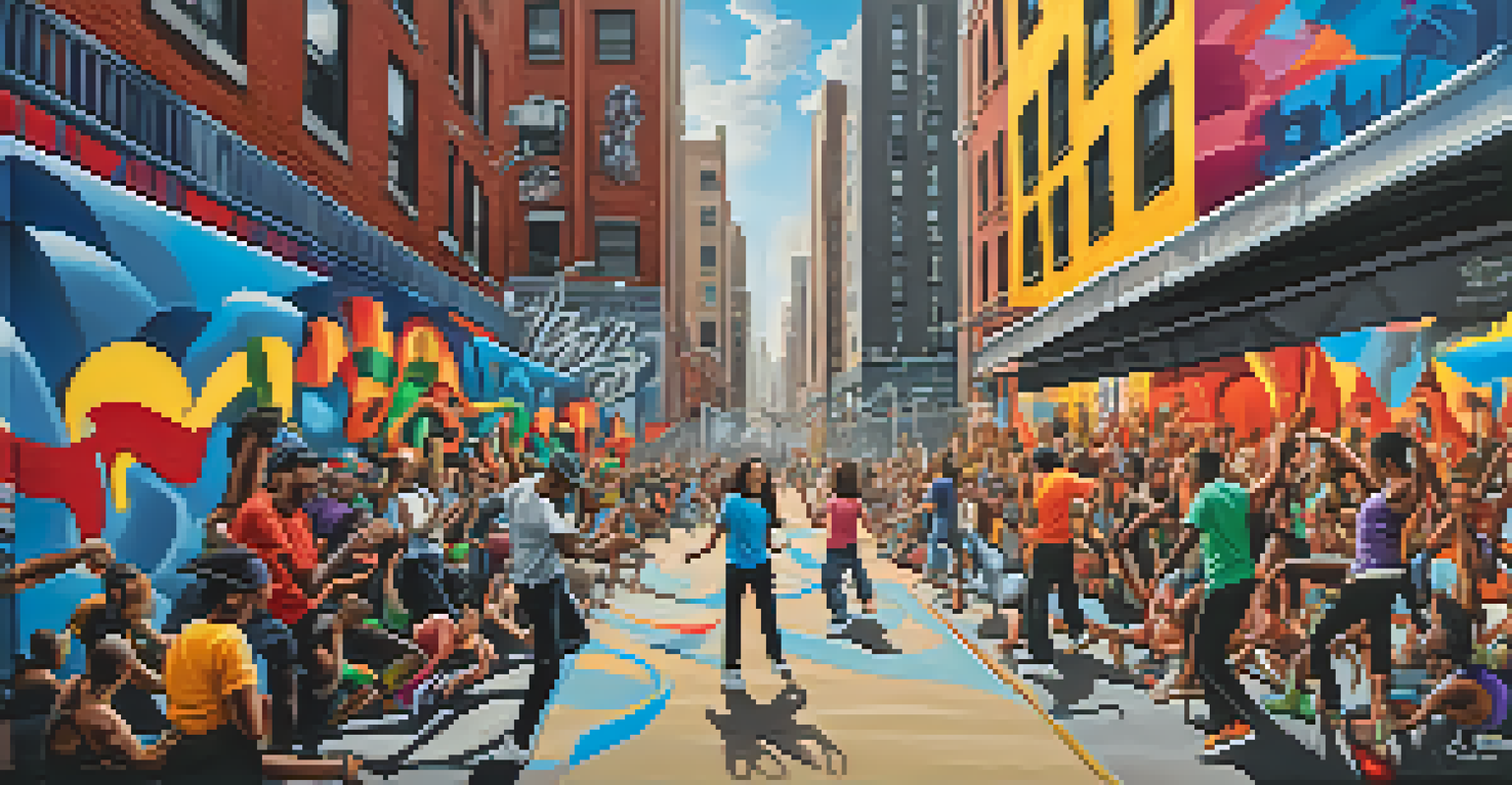 A colorful street mural inspired by hip-hop culture, featuring musical notes and dancers against a city backdrop.