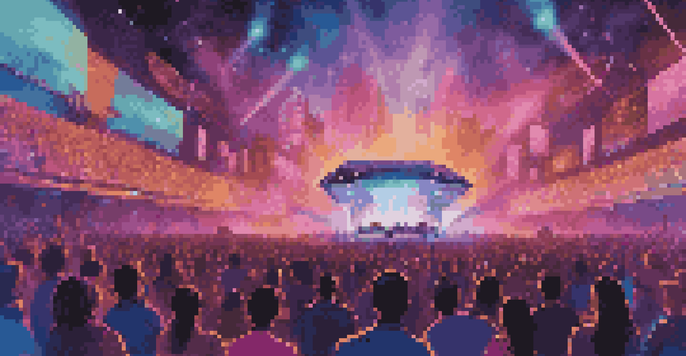 A futuristic concert scene with holographic NFTs and colorful lights, featuring diverse audience members enjoying the performance.