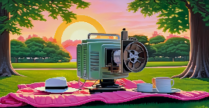 A vintage film projector in a park at sunset, casting light on a white screen, with a couple enjoying a picnic.