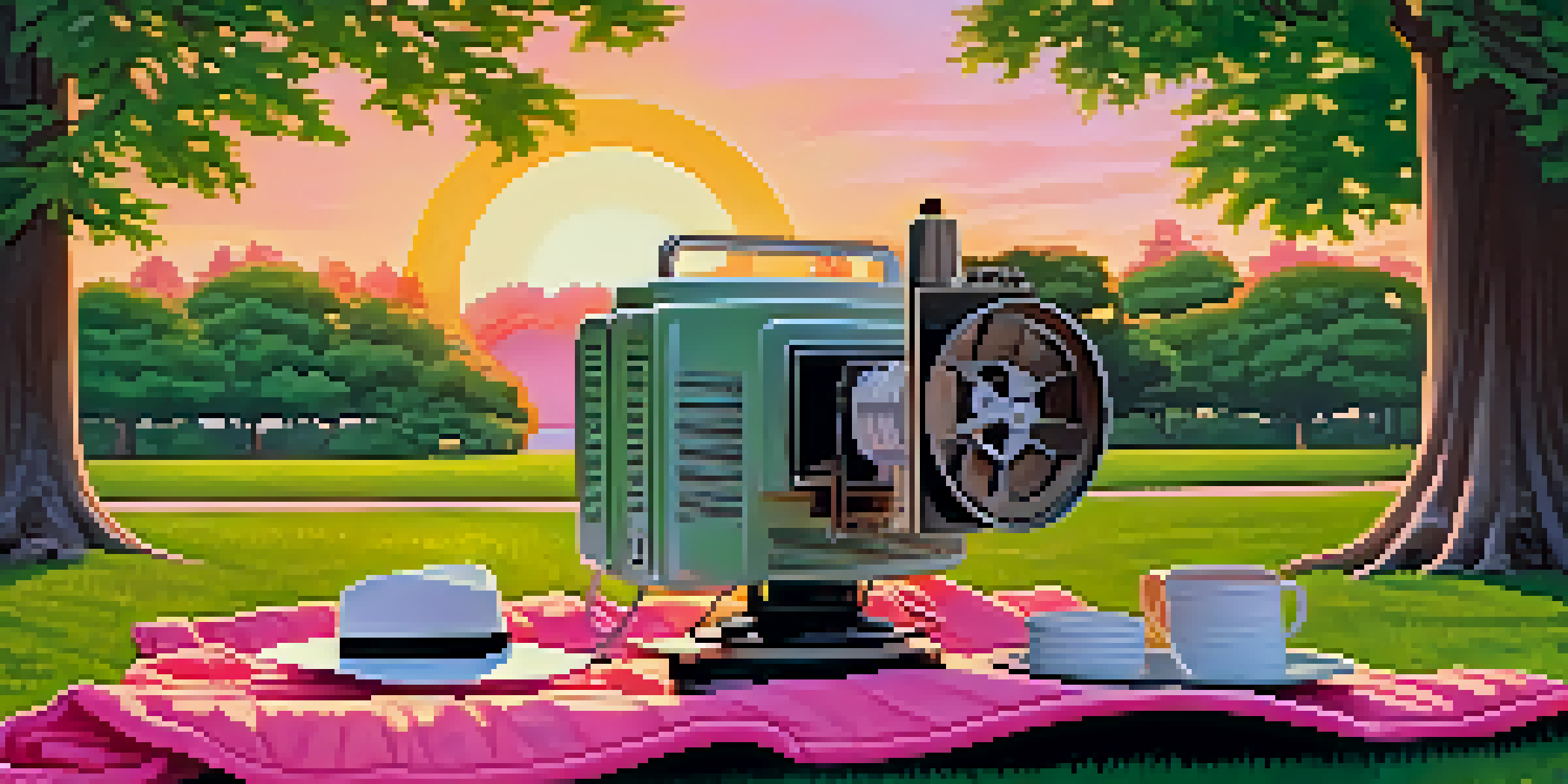 A vintage film projector in a park at sunset, casting light on a white screen, with a couple enjoying a picnic.