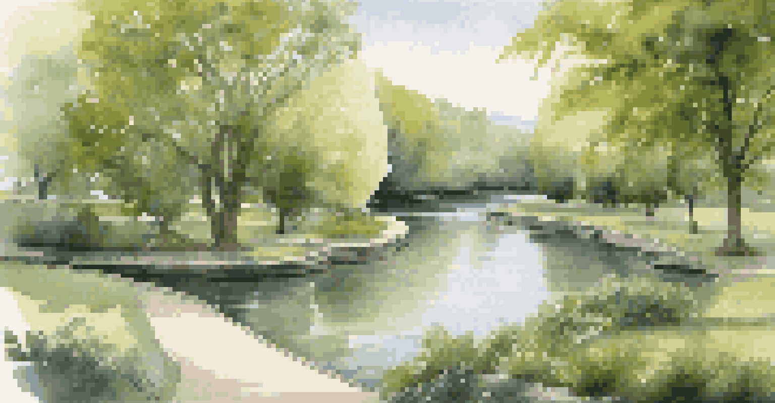 Riverside park with green trees and a flowing river, illustrating sound waves diffusing around the trees in a tranquil setting.