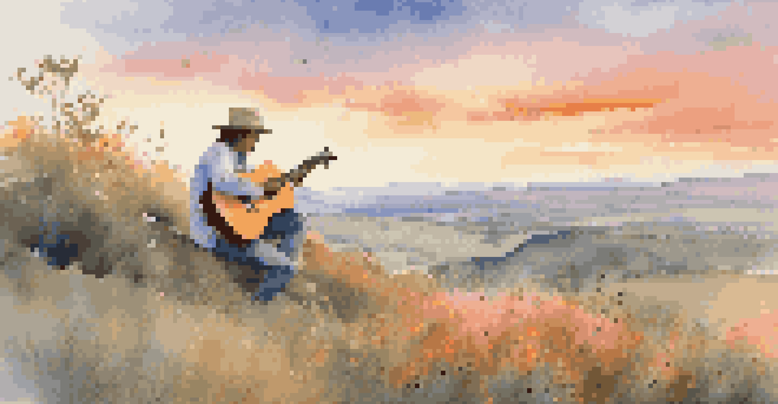 A musician on a hilltop at sunset, playing guitar amidst a beautiful landscape filled with wildflowers.