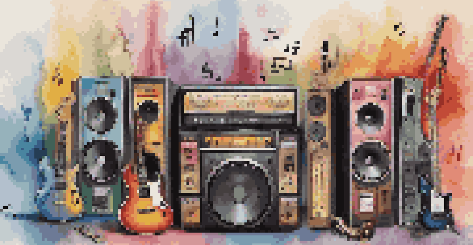 An abstract digital collage illustrating the evolution of music genres with various instruments and vibrant colors.