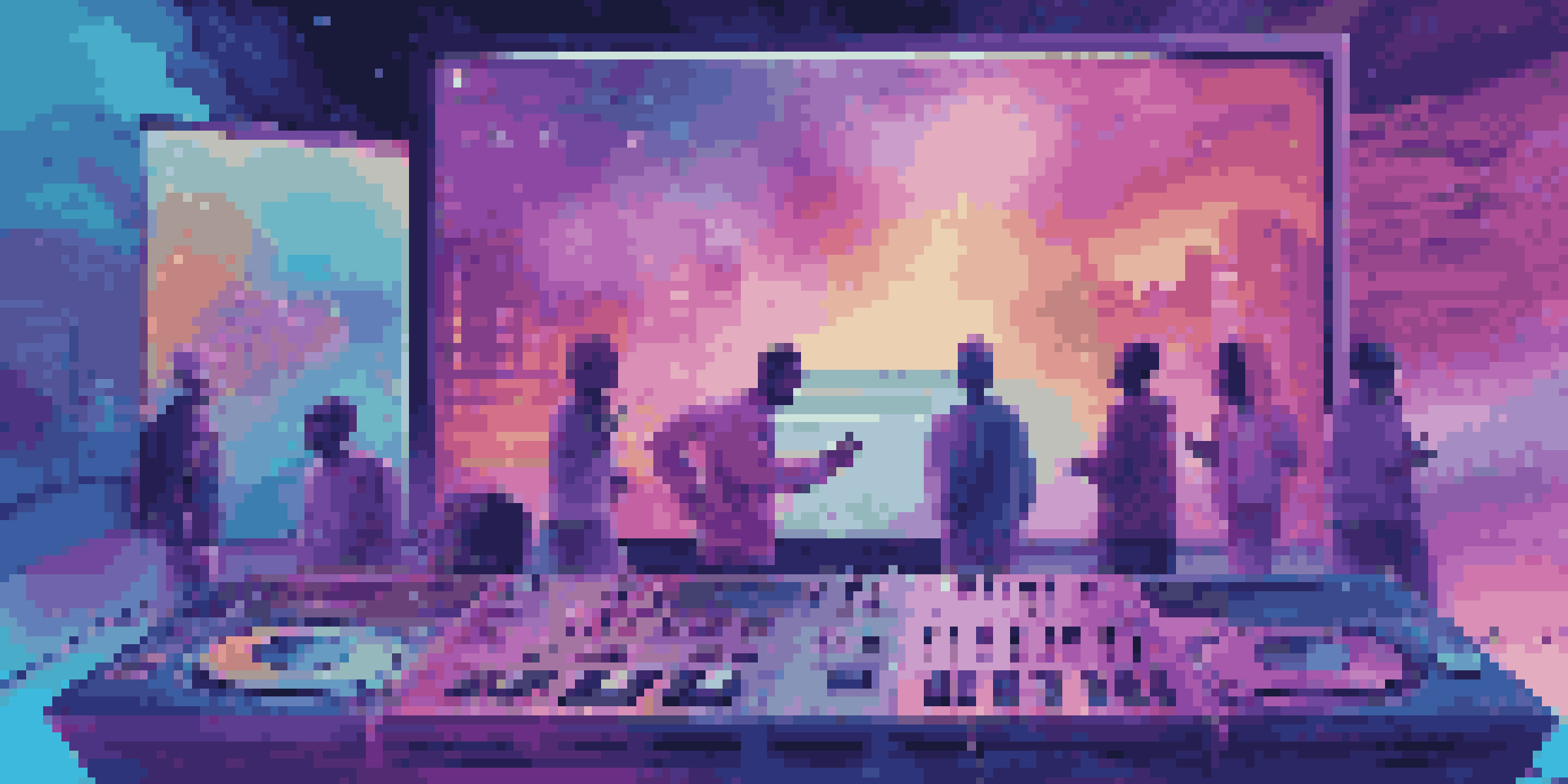 An illustration of a music streaming platform interface with colorful album covers and sound waves, showing people interacting with devices.