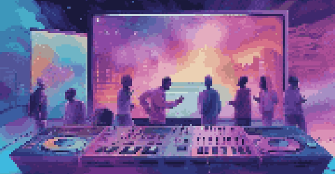 An illustration of a music streaming platform interface with colorful album covers and sound waves, showing people interacting with devices.