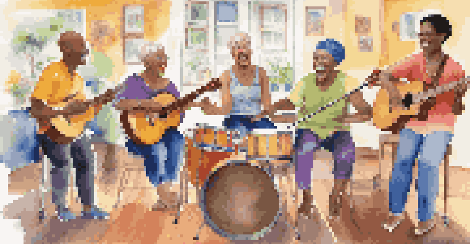 A group of cancer patients participating in a lively music therapy session, playing drums and singing with joy.