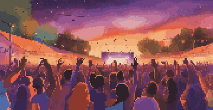 A lively outdoor music festival with a colorful sunset, a diverse crowd enjoying the concert, and artists performing on stage.