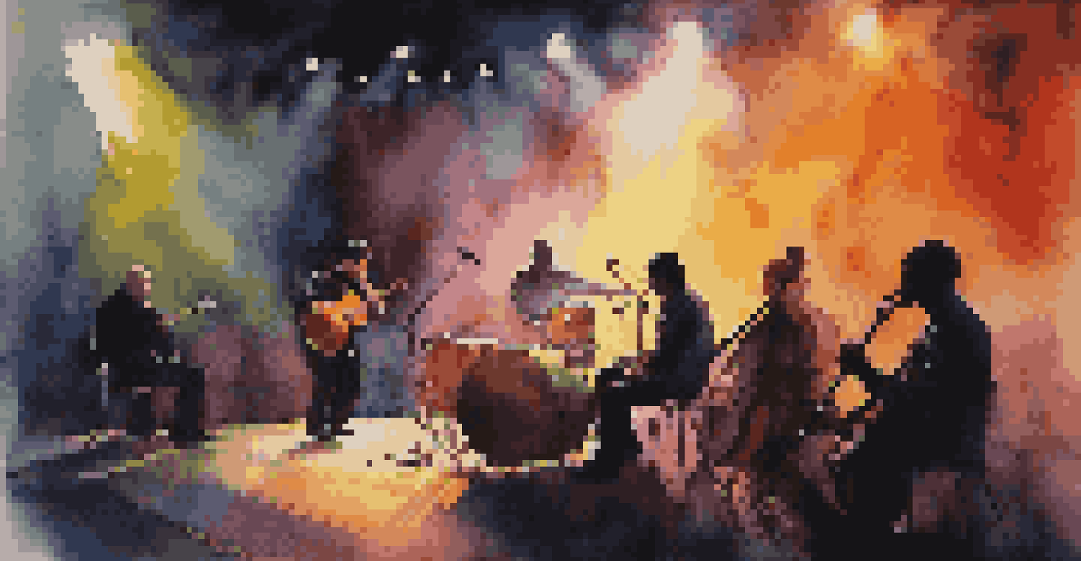 A musician performing under soft stage lights, with an attentive audience in the background.
