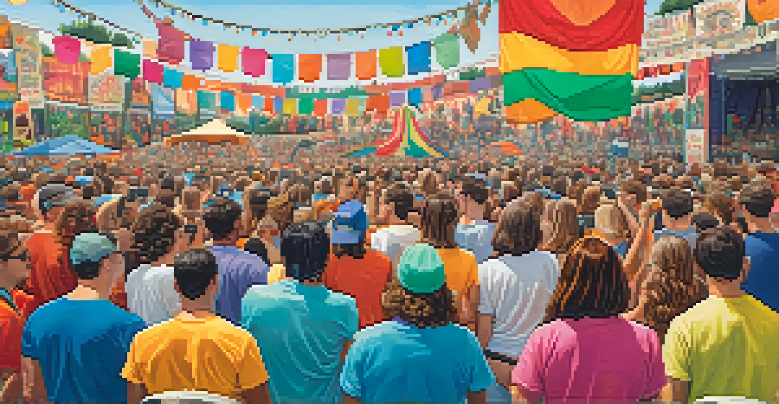 Close-up of sustainable merchandise like organic cotton t-shirts and reusable water bottles at a music festival.