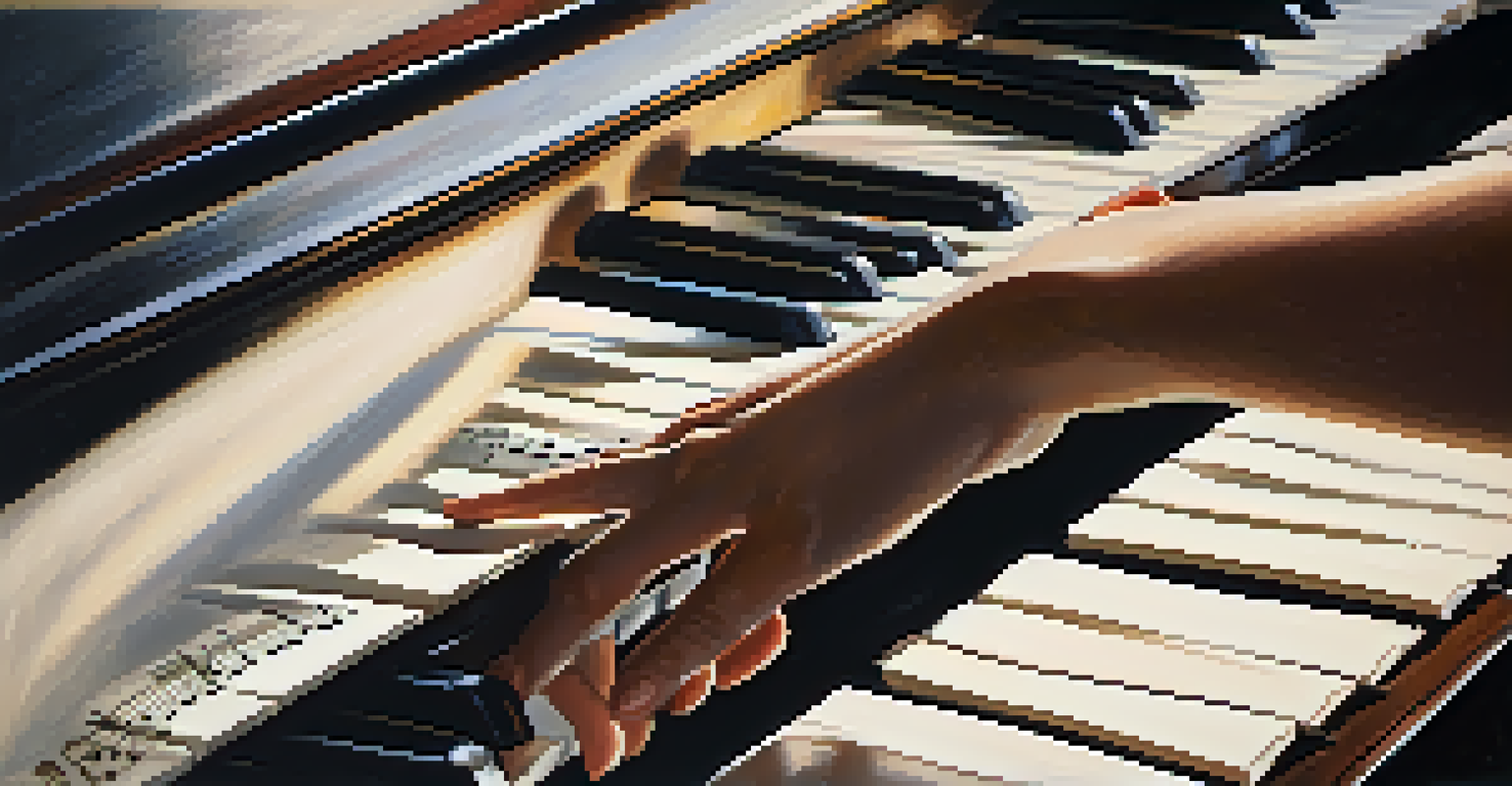 Close-up of hands playing a grand piano with sheet music, in a warmly lit room, highlighting the connection between music and emotions.