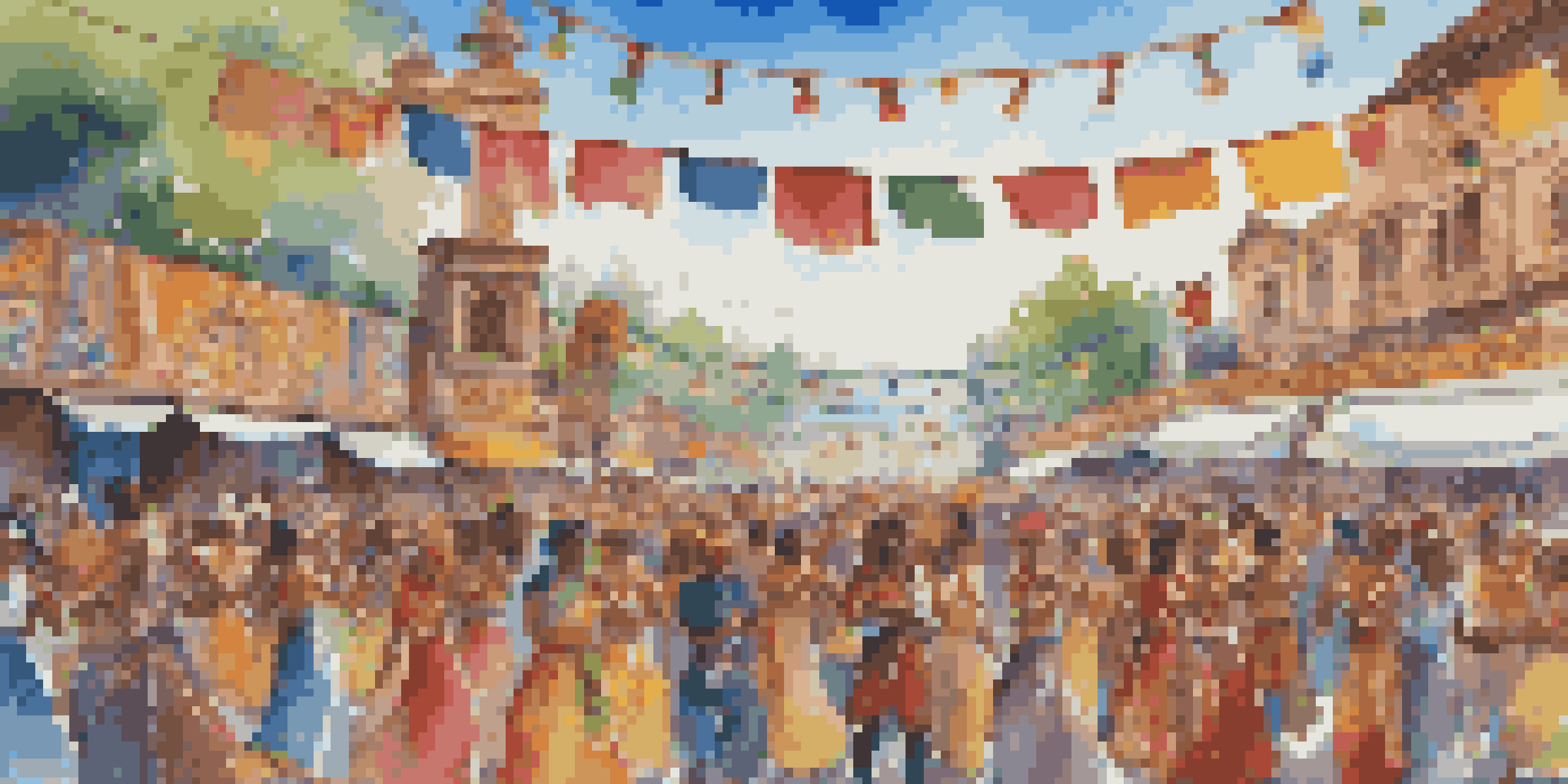 A lively world music festival featuring diverse performers in traditional costumes, with an enthusiastic audience dancing under a clear blue sky.