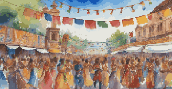 A lively world music festival featuring diverse performers in traditional costumes, with an enthusiastic audience dancing under a clear blue sky.