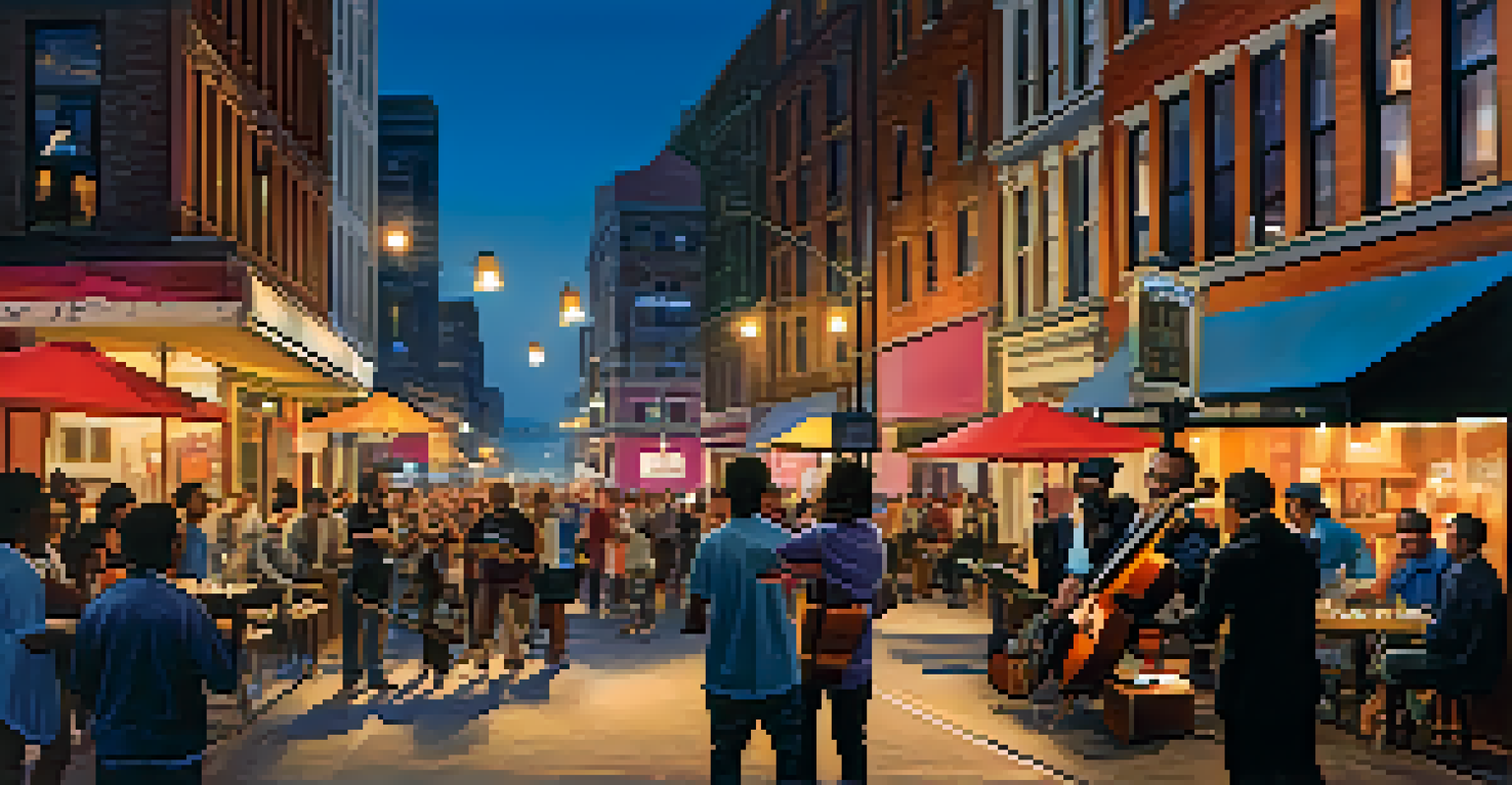 A lively street scene with musicians performing and an engaged audience, illuminated by warm street lights at dusk.