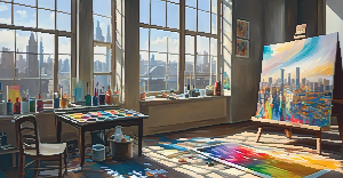 An artist painting in a bright studio with a city view, surrounded by art supplies and colorful paint.
