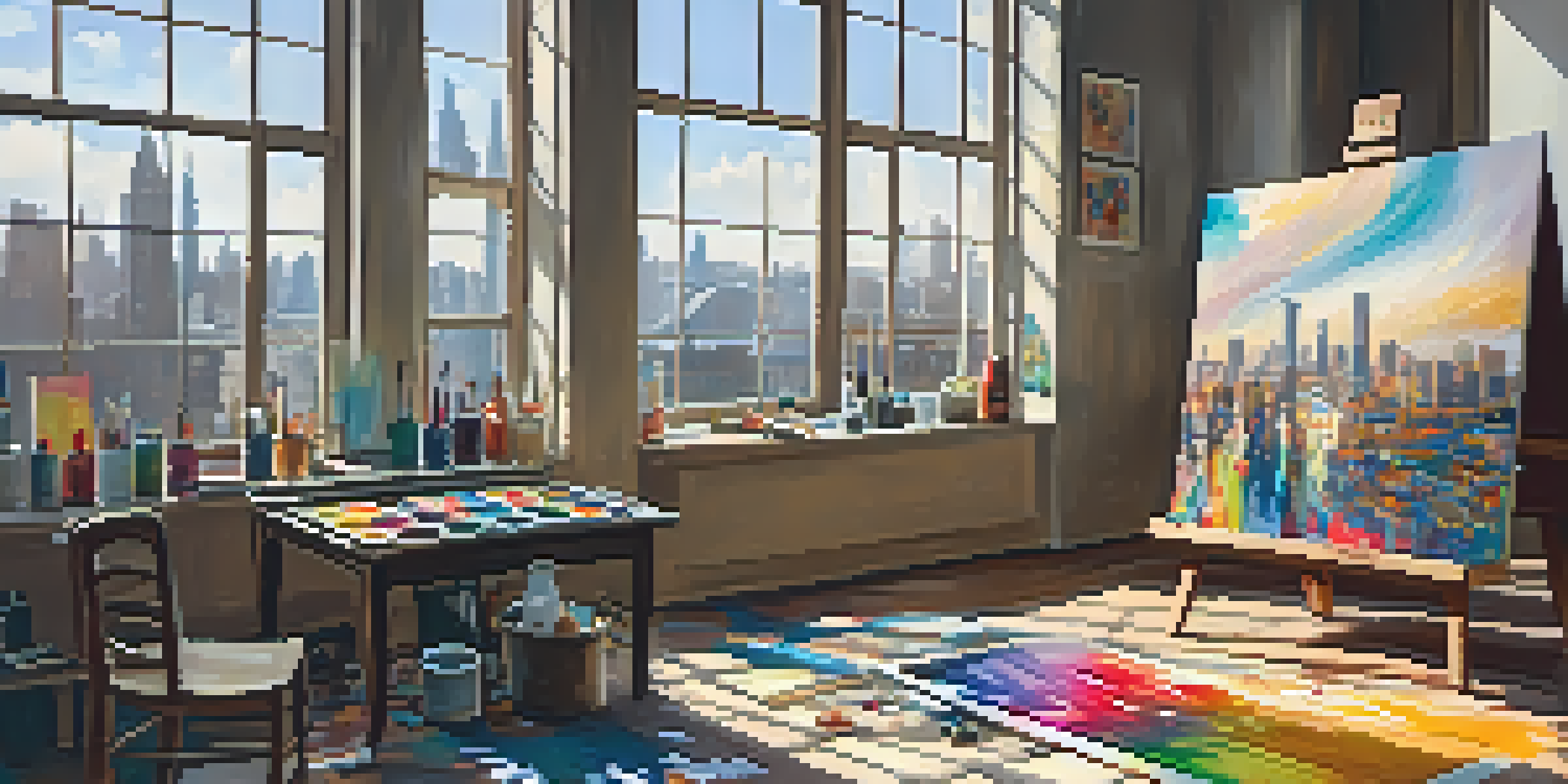 An artist painting in a bright studio with a city view, surrounded by art supplies and colorful paint.