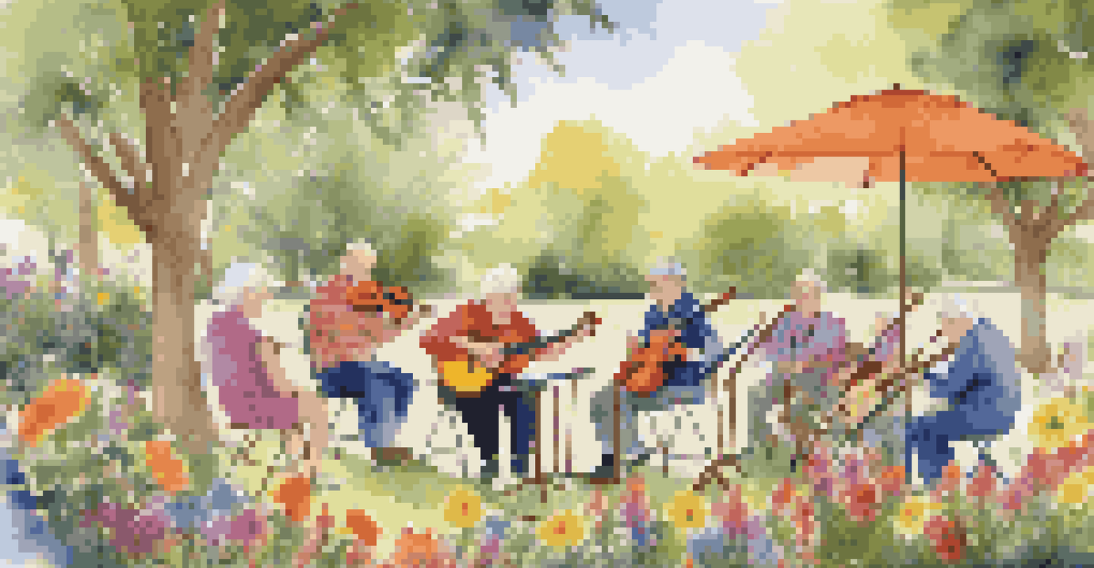 Older adults engaged in a group music therapy session in a colorful garden, playing instruments under the trees.
