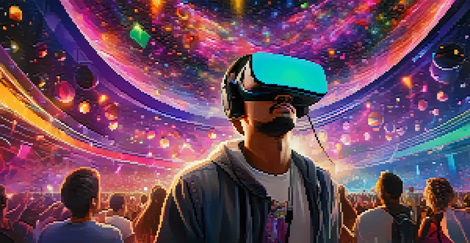 A lively virtual concert with fans in VR headsets, colorful lights, and holographic musicians.