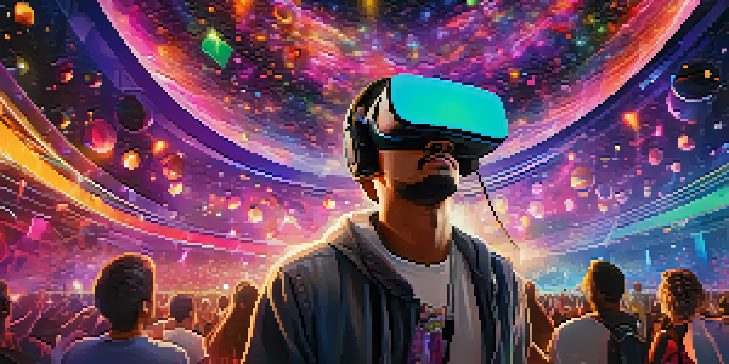 A lively virtual concert with fans in VR headsets, colorful lights, and holographic musicians.