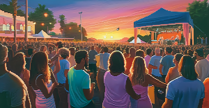 A lively outdoor concert with a diverse crowd enjoying the music under a colorful sunset.