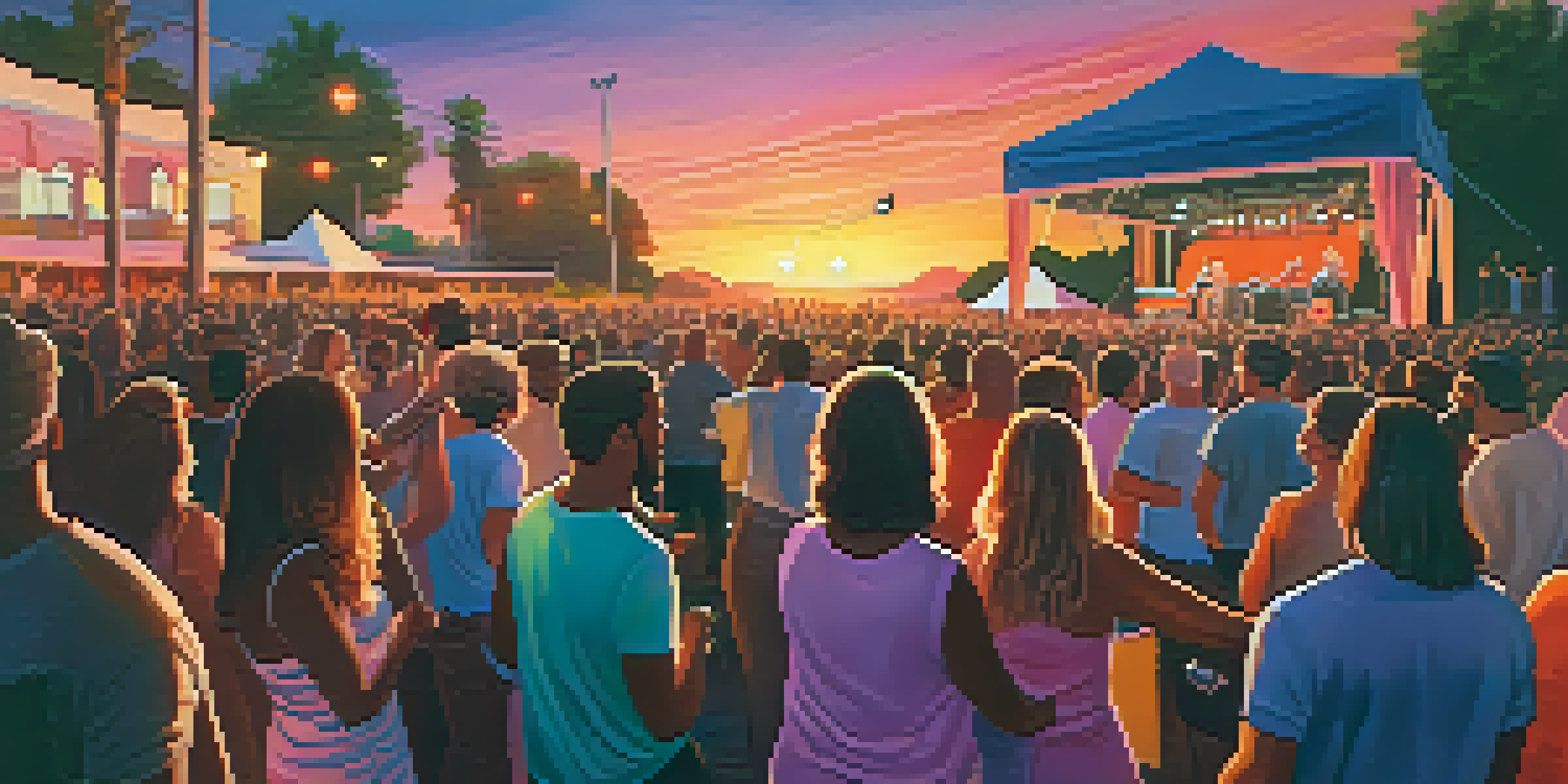 A lively outdoor concert with a diverse crowd enjoying the music under a colorful sunset.