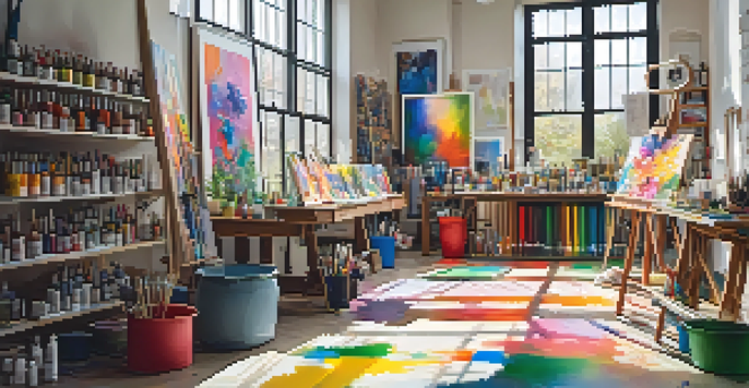 An artist's studio filled with colorful canvases and art supplies, illuminated by warm sunlight.