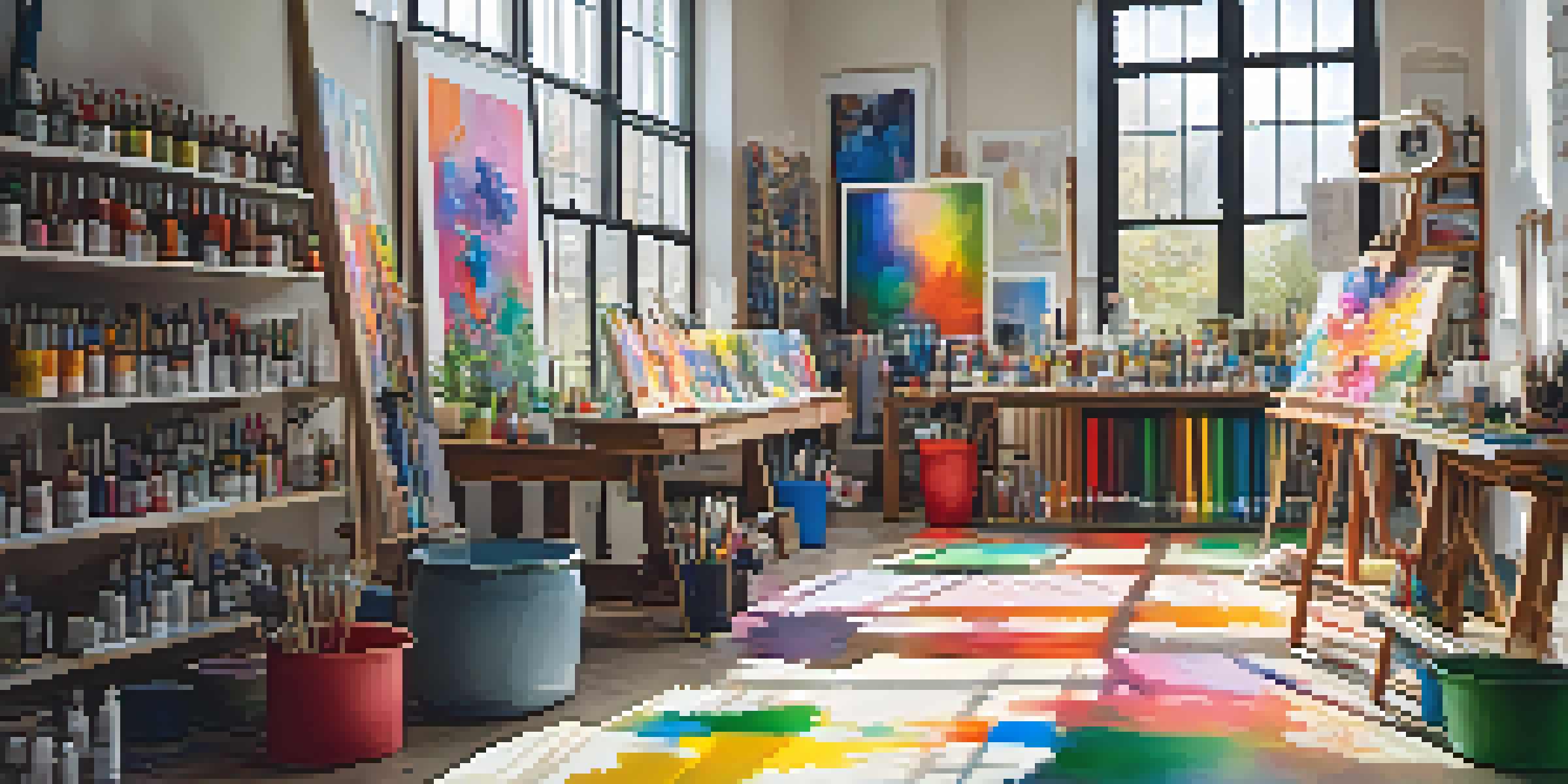 An artist's studio filled with colorful canvases and art supplies, illuminated by warm sunlight.
