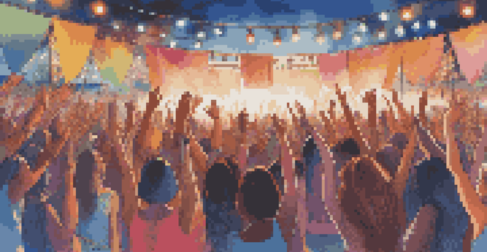 A lively music festival with female artists on stage and a diverse audience dancing and enjoying the performance.