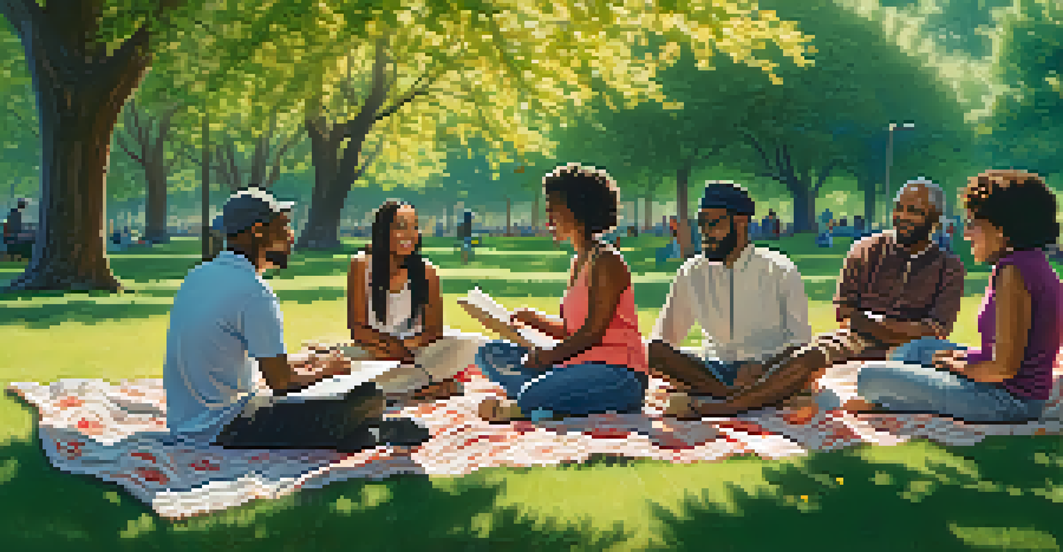 A diverse group of people in a park, engaged in conversation with nature around them.
