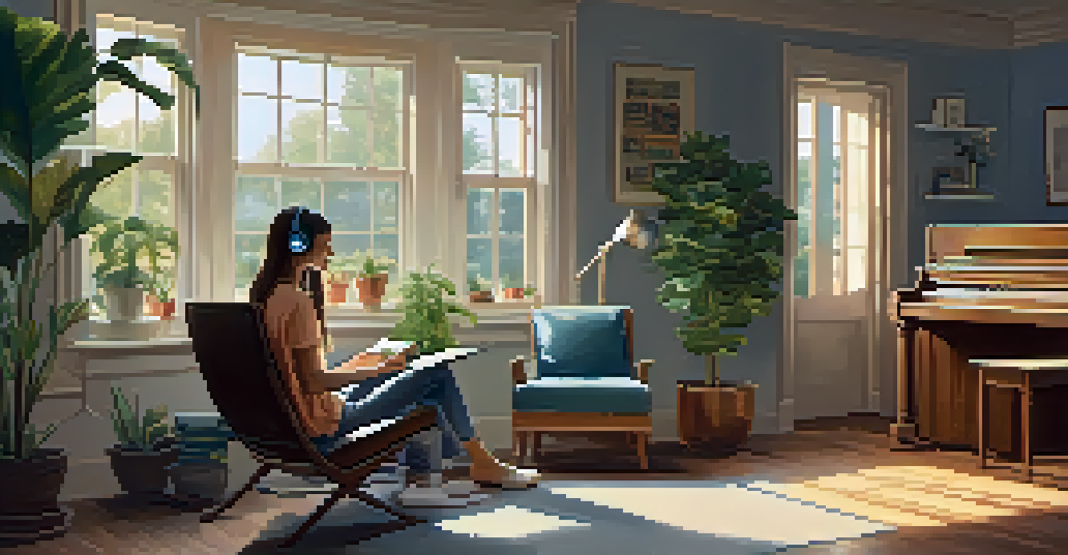 A person in a cozy room listening to music, surrounded by instruments and plants.