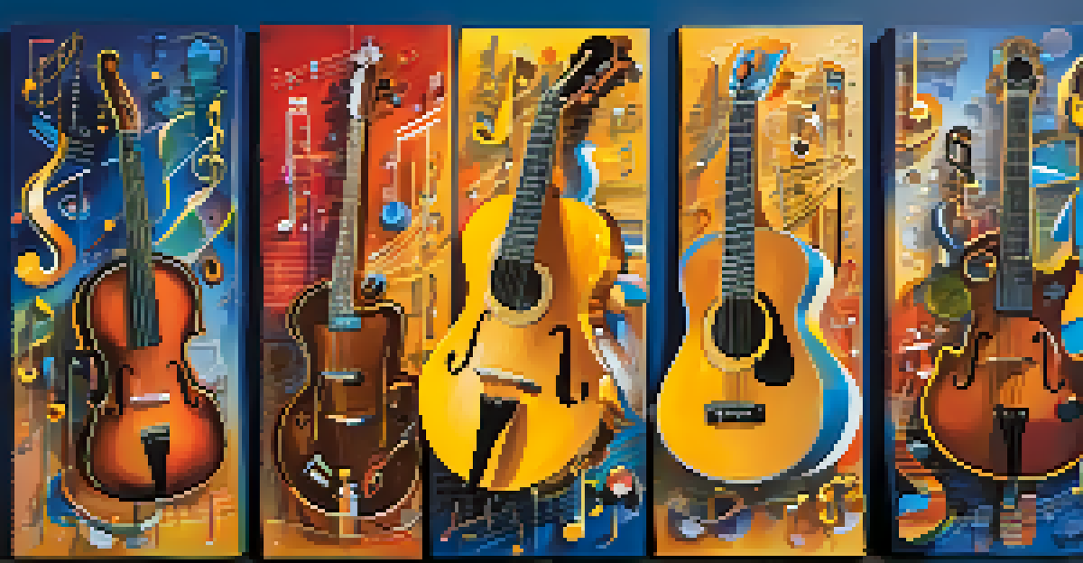 A colorful collage of musical instruments and notes representing various music genres.