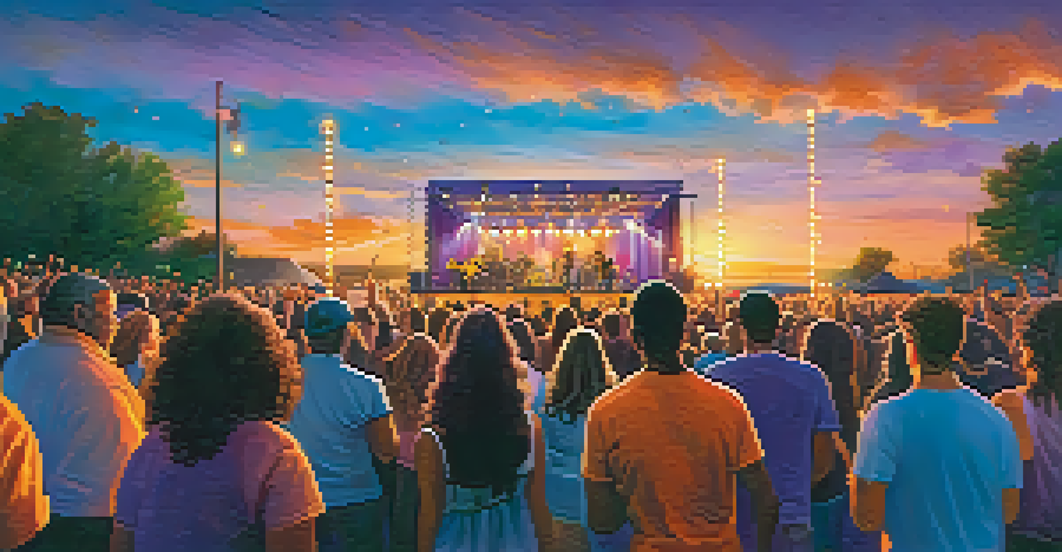An outdoor concert at sunset with a lively crowd enjoying music, colorful lights illuminating the stage, and a twilight sky.