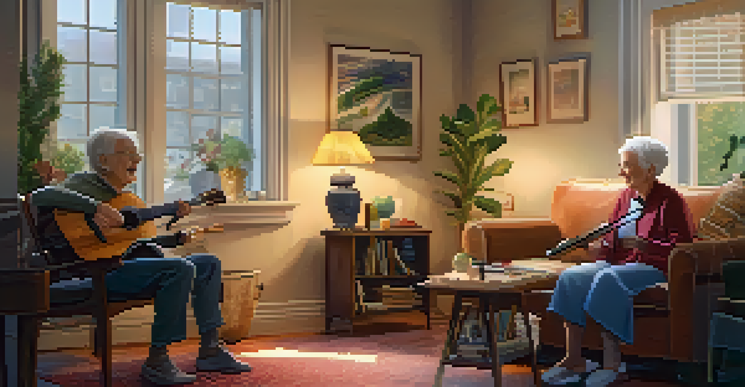 An elderly person happily singing with a therapist in a warm, inviting living room during a music therapy session.