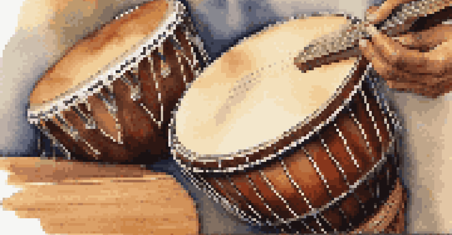 Close-up of hands playing traditional instruments like a djembe, sitar, and guitar on a wooden table, with warm lighting.