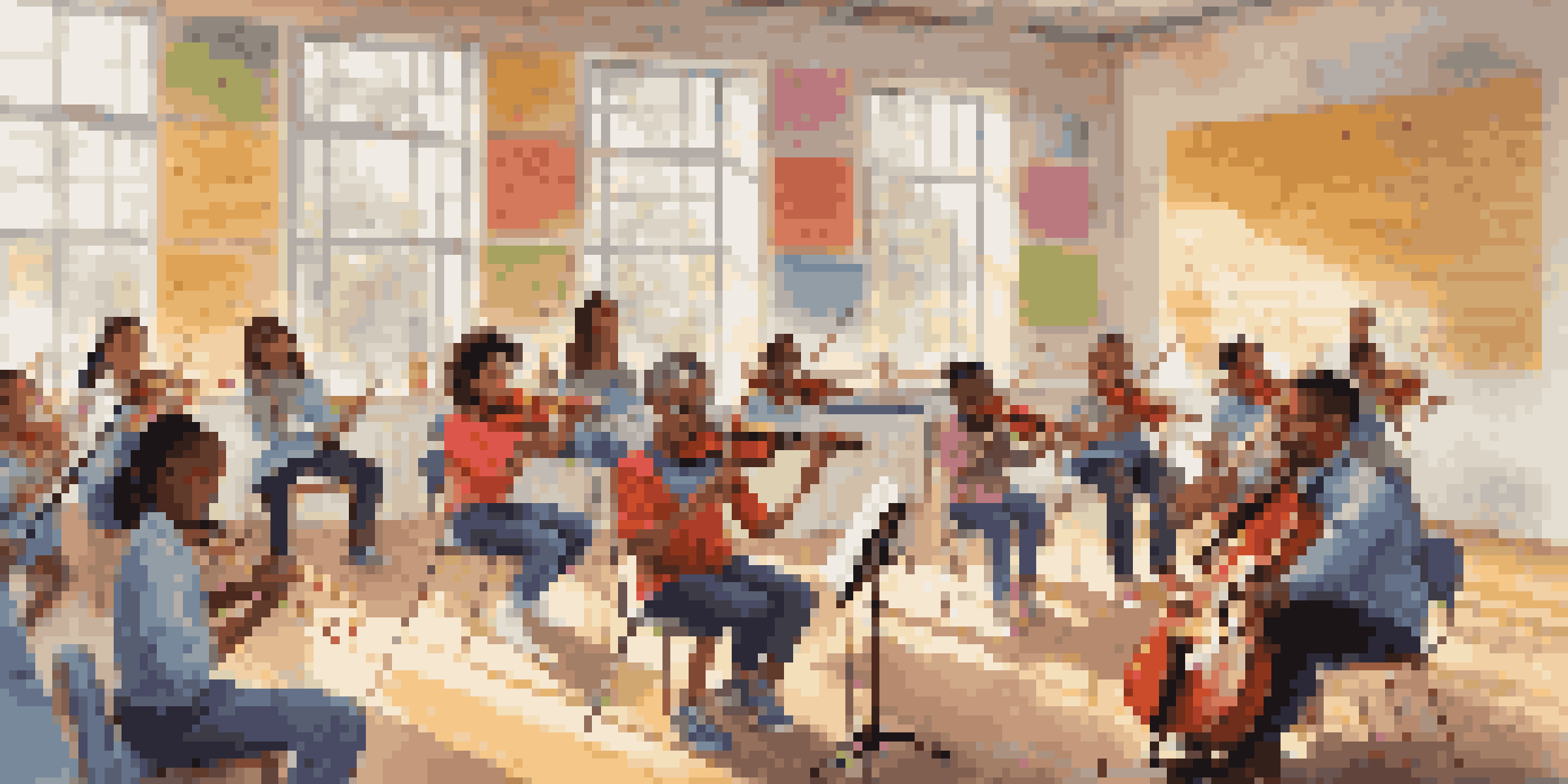 A lively classroom where diverse students are participating in a music lesson, with a teacher conducting them.