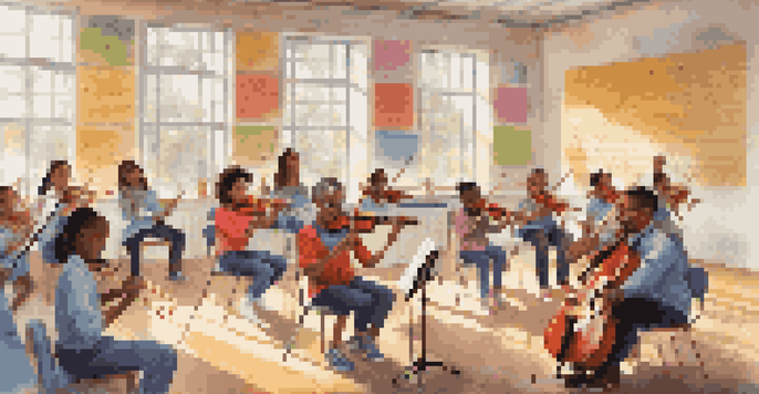 A lively classroom where diverse students are participating in a music lesson, with a teacher conducting them.