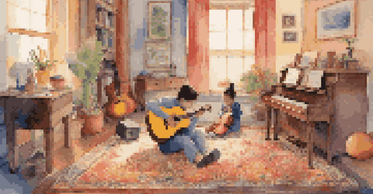 A music therapy session between a therapist and a child on a colorful rug with musical instruments in a softly lit room.