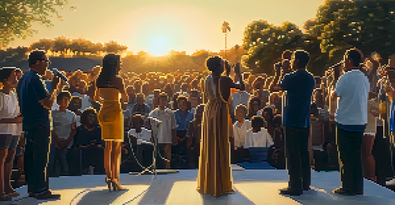An outdoor performance with individuals singing on stage, and an engaged audience, all illuminated by the warm glow of the setting sun.