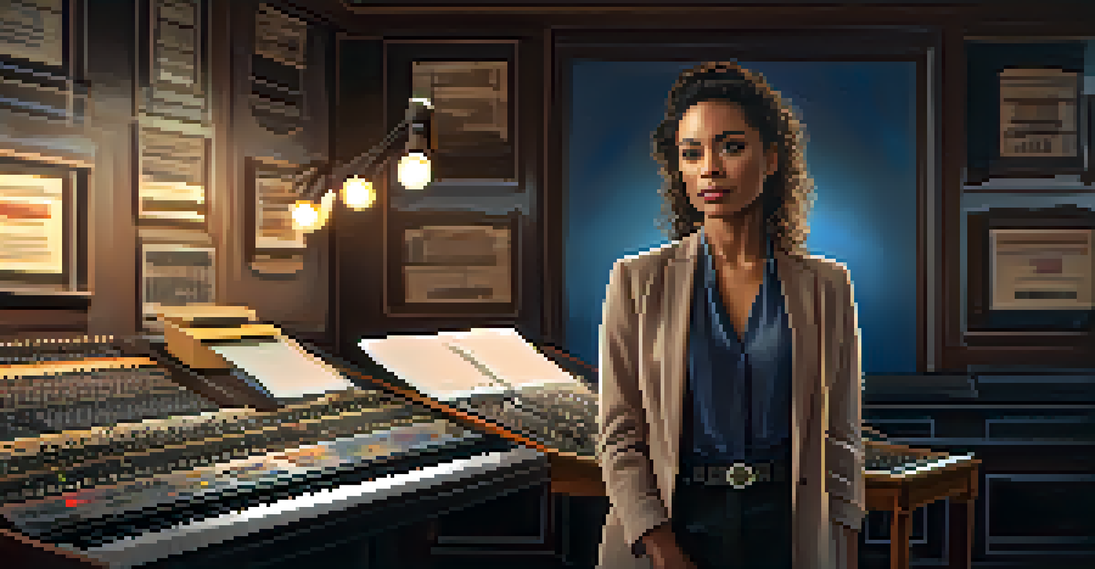 A confident woman in a music studio, holding a notepad and standing in front of a microphone and instruments.