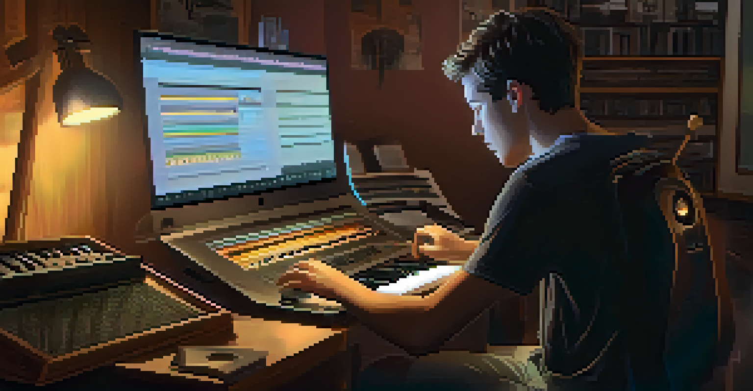 A musician composing music on a laptop with an AI tool, surrounded by instruments in a cozy studio with warm lighting.