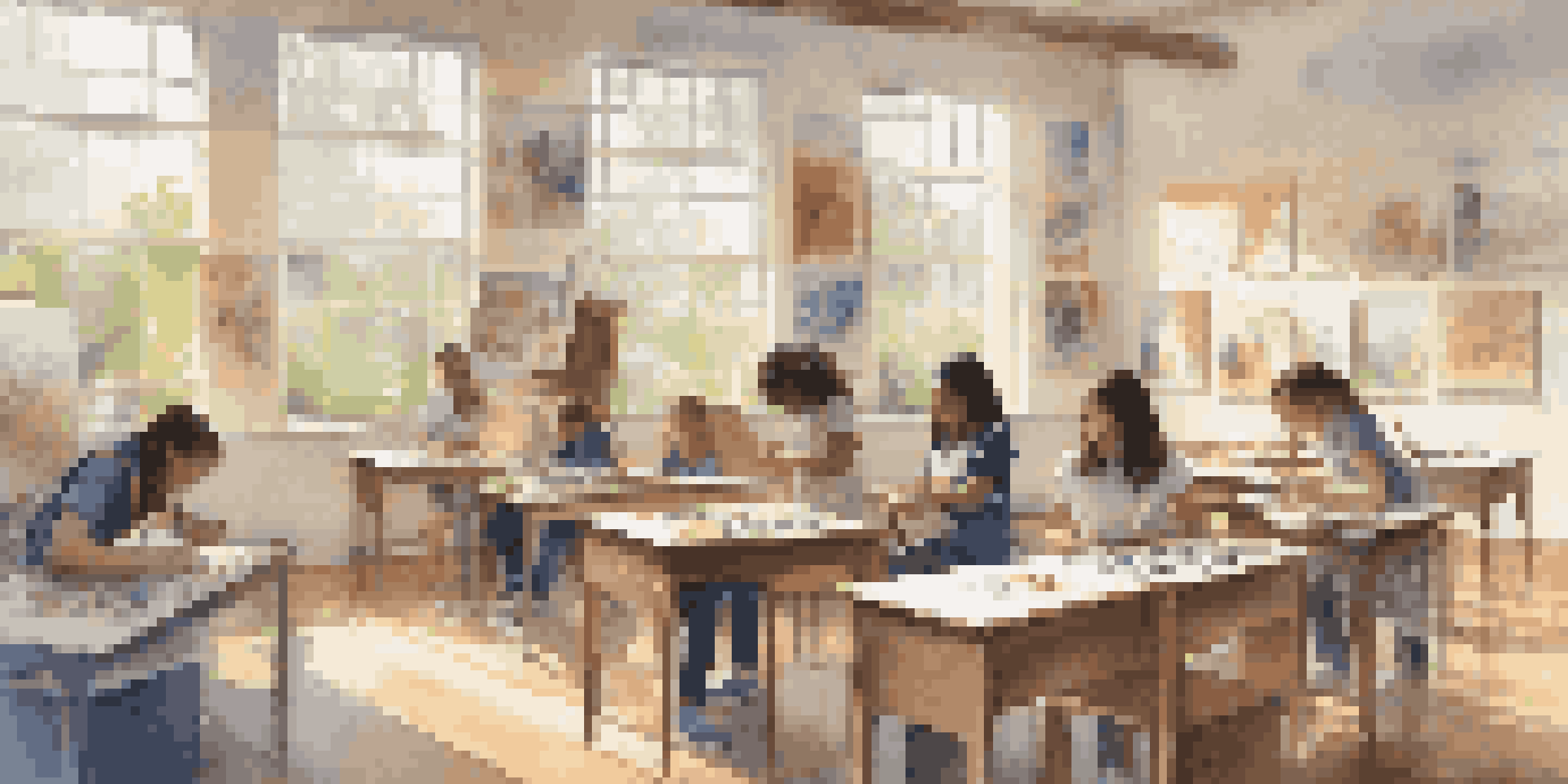 A bright classroom filled with students creating art inspired by music, with natural light, colorful art supplies, and musical notes in their artwork.