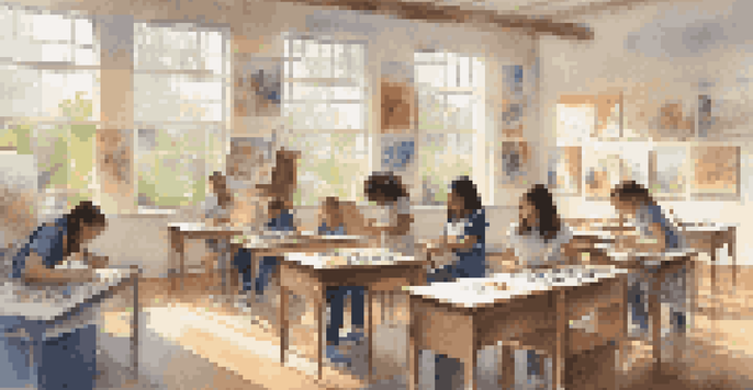 A bright classroom filled with students creating art inspired by music, with natural light, colorful art supplies, and musical notes in their artwork.