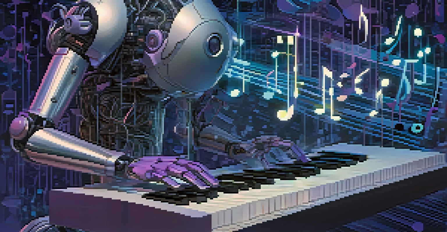 A robotic hand playing a guitar amidst musical notes and digital patterns, representing the fusion of AI and music.