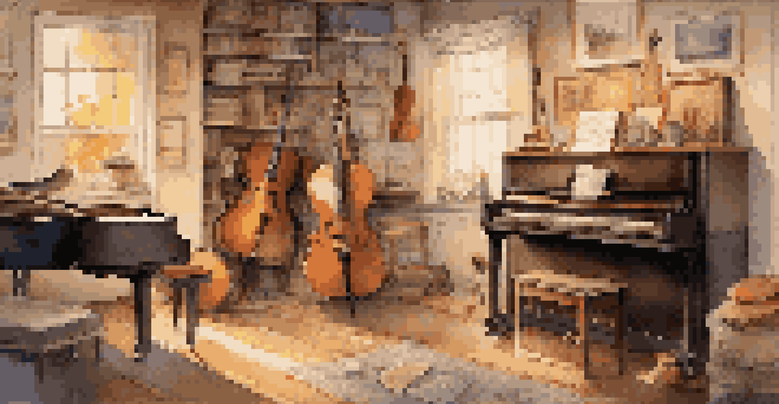 A cozy room with musical instruments and warm lighting.