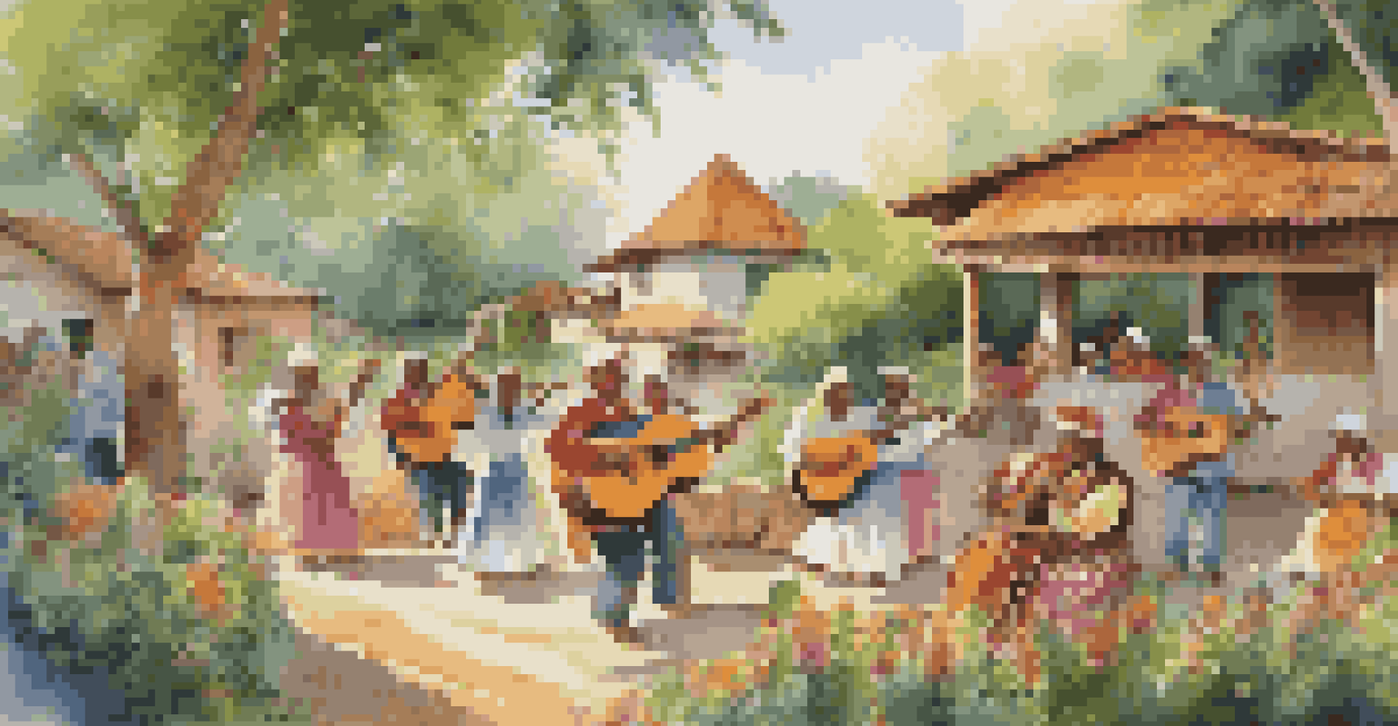 Musicians performing in a rural village, surrounded by greenery and flowers, with dappled sunlight filtering through the trees.