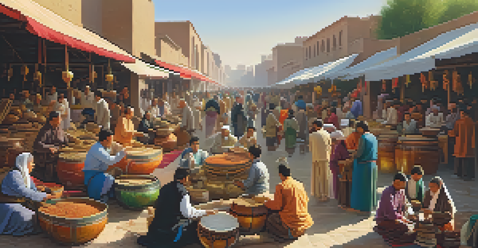 A lively Silk Road marketplace featuring traders exchanging musical instruments and cultural goods.