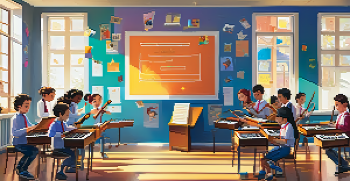 A lively classroom with students engaged in a music lesson, showcasing colorful decorations and a competition atmosphere.
