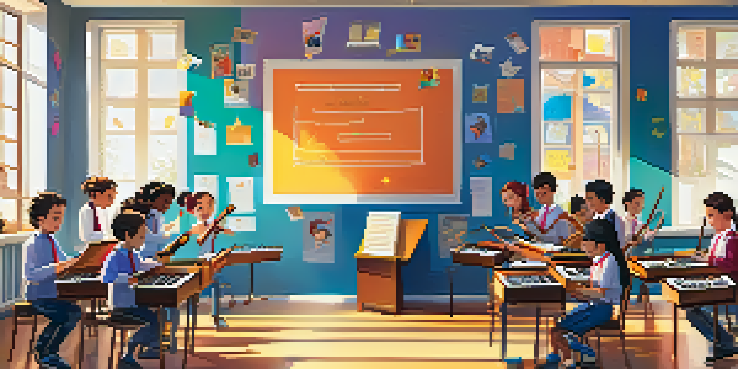 A lively classroom with students engaged in a music lesson, showcasing colorful decorations and a competition atmosphere.