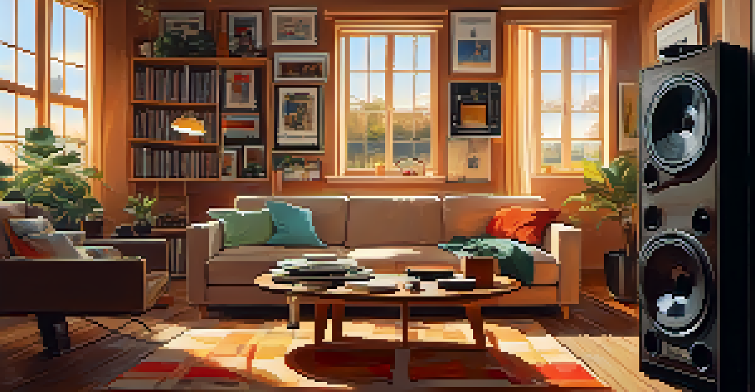 A cozy living room with a person happily listening to music on a sofa, surrounded by vinyl records and a turntable in warm light.