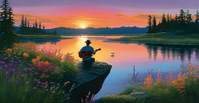 A beautiful sunset over a calm lake with colorful reflections, wildflowers in the foreground, and a silhouette of a musician playing guitar.